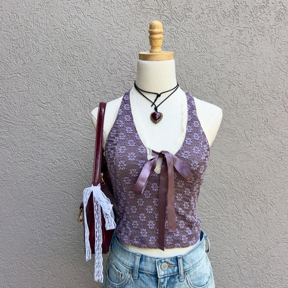 Urban Outfitters Purple Lace Trim Halter Top with Bow Festival Boho Preppy Sz S